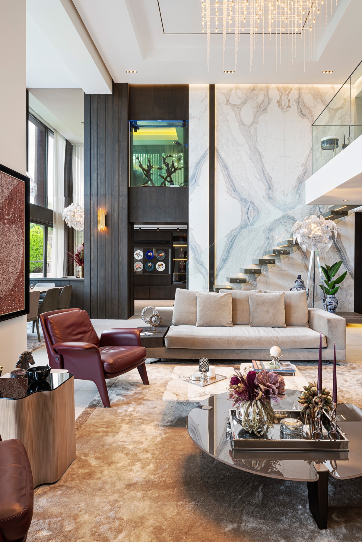 Spacious villa living area with marble flooring